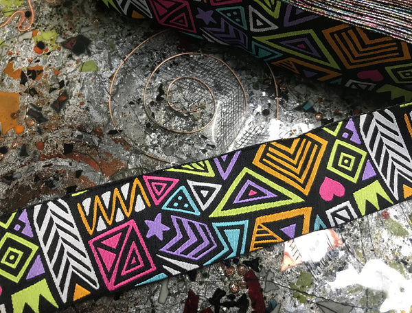 Multi Color Geometric Pattern on Black Background - Embroidered Jacquard Ribbon - 2 Sizes Available.