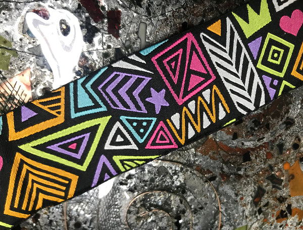 Multi Color Geometric Pattern on Black Background - Embroidered Jacquard Ribbon - 2 Sizes Available.