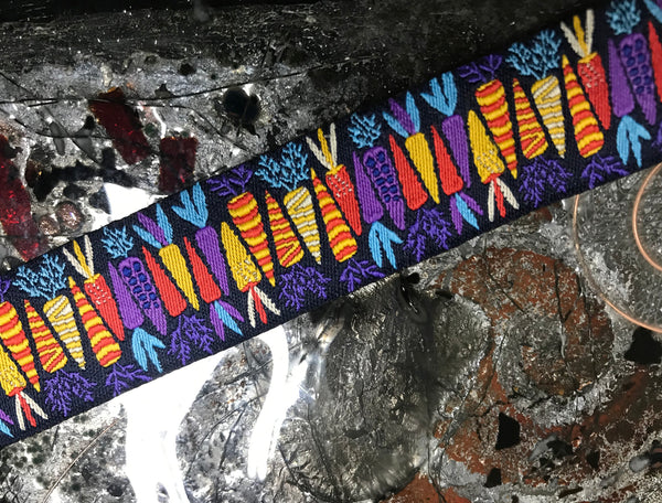 Multi Color Carrots on  Black Background - Embroidered Jacquard Ribbon - 7/8" Wide.