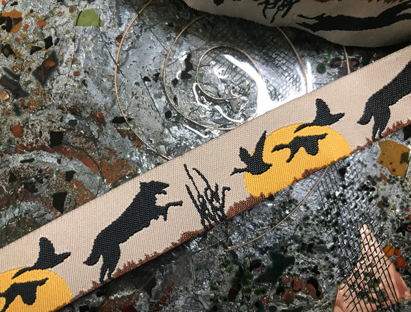 Multi Color Wolfs at Sunset on Black  Background - Embroidered Jacquard Ribbon - 7/8" Wide.