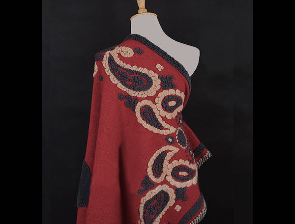 Charcoal Grey and Beige Paisleys on Marron Background- Italian Woolen Shawl/Poncho -  168 L x 138 xm W.