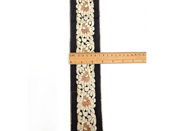 Beige/Off White/Gold Filigree - Embroidered Ribbon - 7.5 cm Wide.