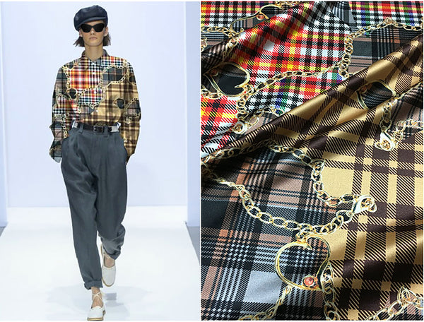 Multi Color Patch/Chains Print  - Stretch Silk Satin - 19 MM, 108 cm Wide.