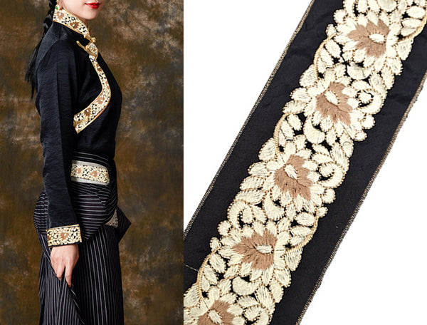 Beige/Off White/Gold Filigree - Embroidered Ribbon - 7.5 cm Wide.