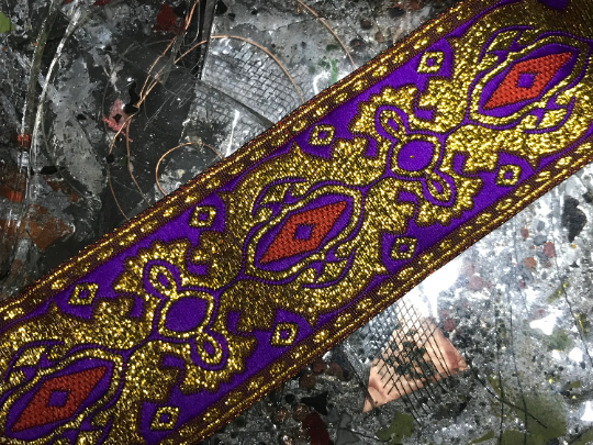 Metallic Purple/Rose Red & Gold - Embroidered Jacquard Ribbon - 1 7/8" Wide.
