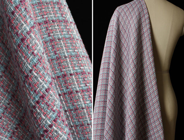 Shades of Pink/Aqua/White and Silver Thread - French Tweed - 150 cm Wide.