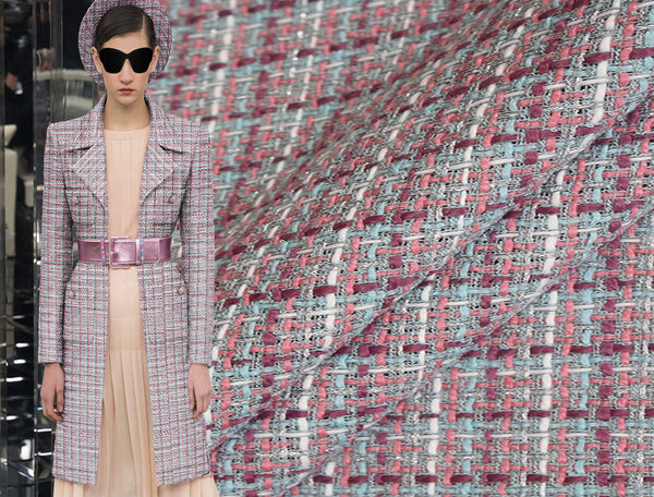 Shades of Pink/Aqua/White and Silver Thread - French Tweed - 150 cm Wide.