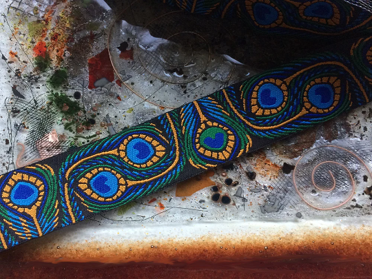 Gold & Blue on Green - Peacock Feather Print - Designers Row - in Two Sizes: 7/8" and 1.5" Wide.