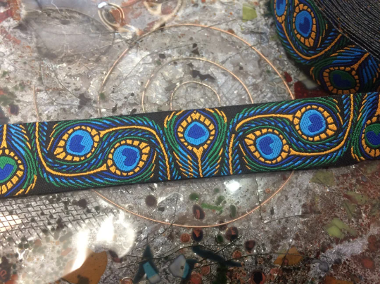 Gold & Blue on Green - Peacock Feather Print - Designers Row - in Two Sizes: 7/8" and 1.5" Wide.