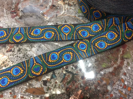 Gold & Blue on Green - Peacock Feather Print - Designers Row - in Two Sizes: 7/8" and 1.5" Wide.