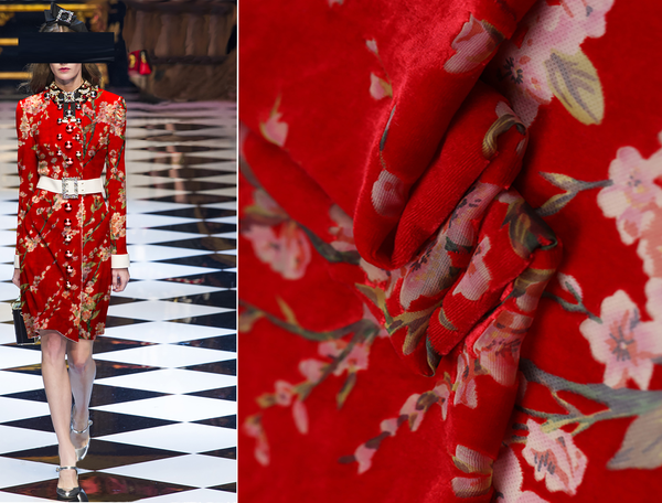 Peach Blossoms Print on Red - Italian  Silk Velvet - 114 cm Wide.