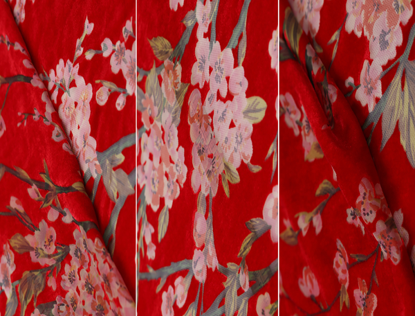 Peach Blossoms Print on Red - Italian  Silk Velvet - 114 cm Wide.
