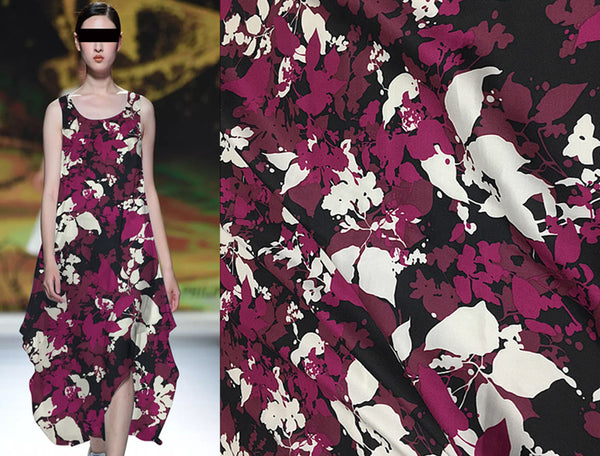 Raspberry/White Floral Print on Black Background - Italian Twill  Mulberry Silk Satin -20 MM - 114 cm Wide.