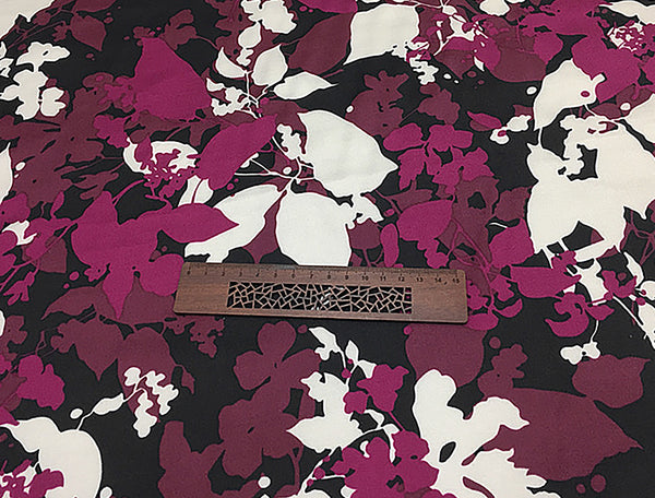 Raspberry/White Floral Print on Black Background - Italian Twill  Mulberry Silk Satin -20 MM - 114 cm Wide.