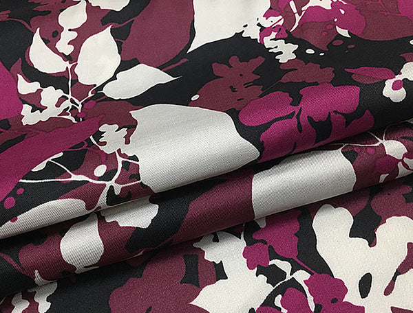 Raspberry/White Floral Print on Black Background - Italian Twill  Mulberry Silk Satin -20 MM - 114 cm Wide.