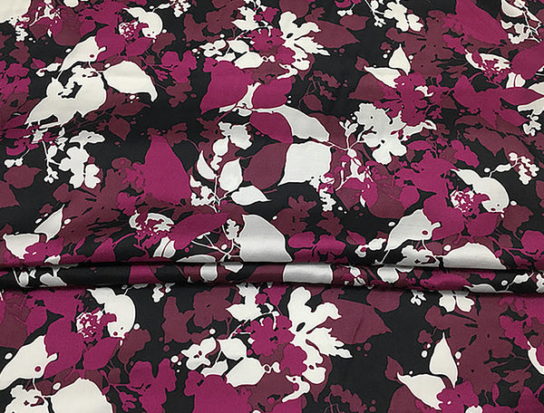 Raspberry/White Floral Print on Black Background - Italian Twill  Mulberry Silk Satin -20 MM - 114 cm Wide.