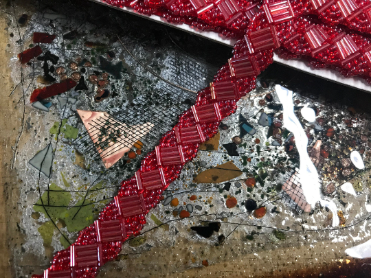 Red Hand Beaded Trim - Glass Beads, 1/2" Wide.