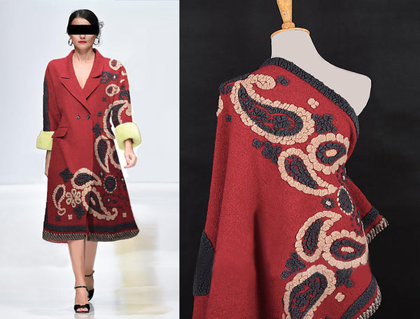 Charcoal Grey and Beige Paisleys on Marron Background- Italian Woolen Shawl/Poncho -  168 L x 138 xm W.