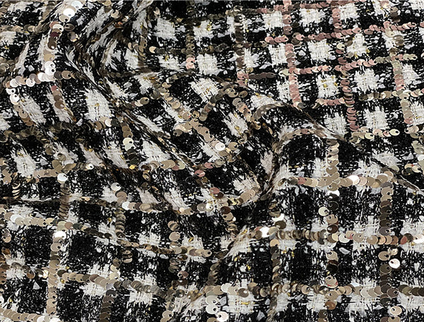 Black  White w/Light Gold Sequins - Lined French Tweed -146 cm Wide.
