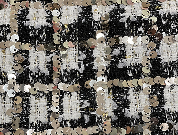 Black  White w/Light Gold Sequins - Lined French Tweed -146 cm Wide.