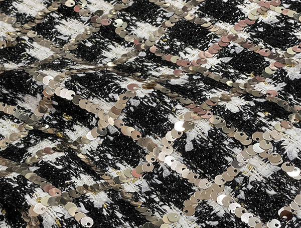 Black  White w/Light Gold Sequins - Lined French Tweed -146 cm Wide.