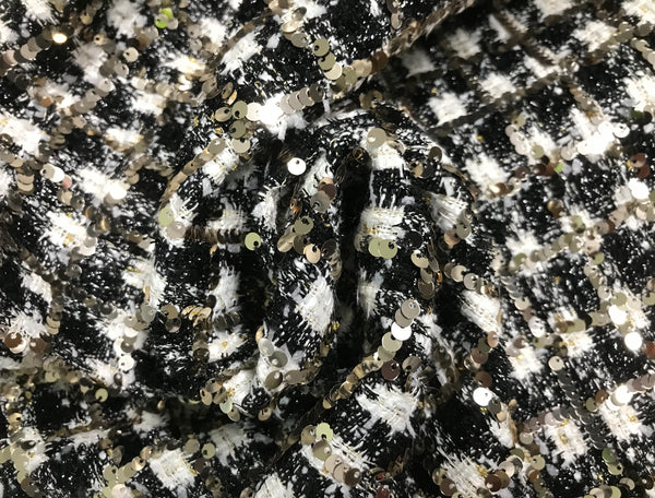 Black  White w/Light Gold Sequins - Lined French Tweed -146 cm Wide.