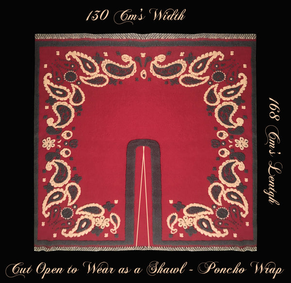 Charcoal Grey and Beige Paisleys on Marron Background- Italian Woolen Shawl/Poncho -  168 L x 138 xm W.