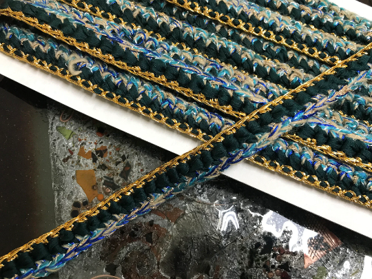 Shades of Blue/Teal/Tans/Gold Hand Made Crocheted French Braid Trim -  6/8" Wide.