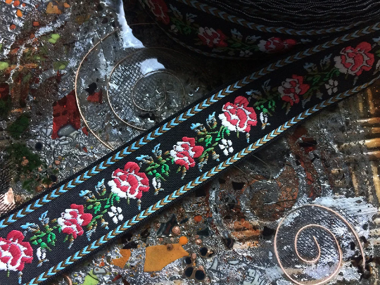 Multi Color Floral Bouquet on Black  Background  - Embroidered Jacquard Ribbon - 1 1/4"  Wide.