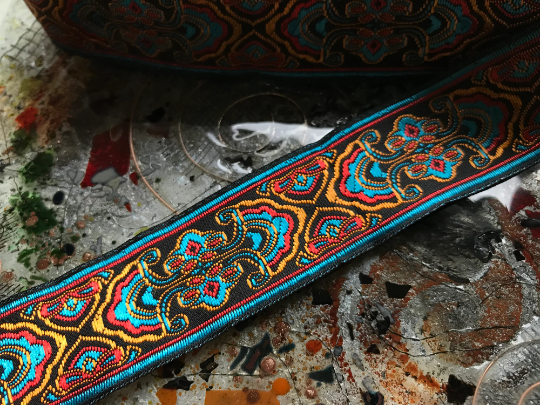 Turquoise Coral Gold on  Dark Brown  Background - Embroidered Jacquard Ribbon, 2 Sizes Available.