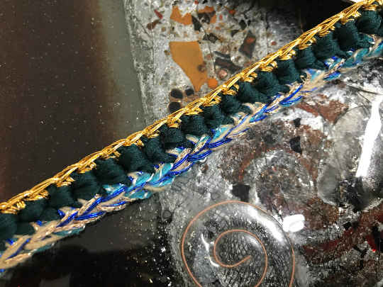 Shades of Blue/Teal/Tans/Gold Hand Made Crocheted French Braid Trim -  6/8" Wide.