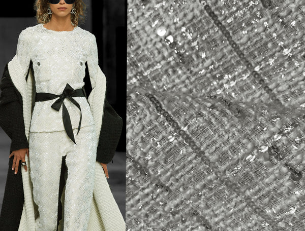 Off White w/Sequins and Glass Beads - French Tweed -150 cm Wide.