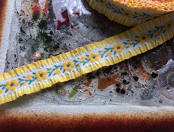 Pink/Yellow/Blue Ruffled  Elastic  - Embroidered Jacquard Ribbon - 1.1" Wide.