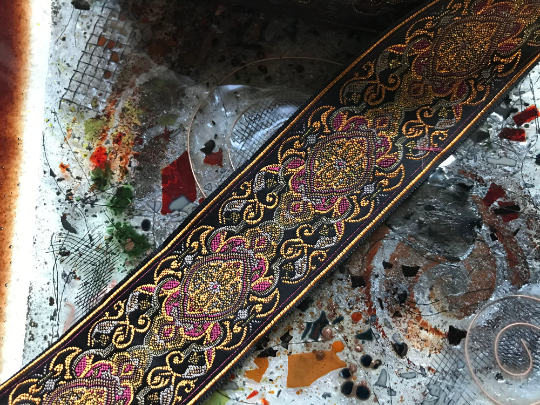 Coffee Raspberry and Gold on Brown Background - Embroidered Jacquard Ribbon - 1 7/8"  Wide.