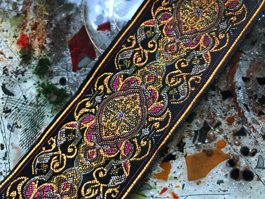 Coffee Raspberry and Gold on Brown Background - Embroidered Jacquard Ribbon - 1 7/8"  Wide.