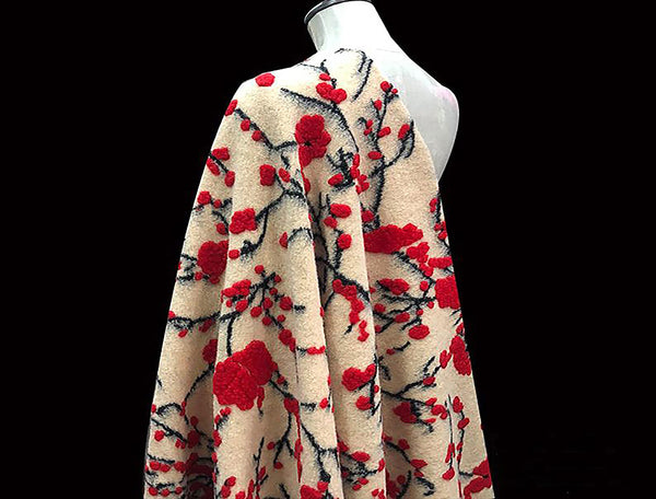 Red and Black Floral on Ivory/Blush Background - Italian Woolen - 150 cm Wide.