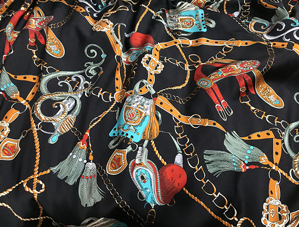 Multi Color Print on Black Background - Stretch Mulberry Silk Satin -113 cm Wide.