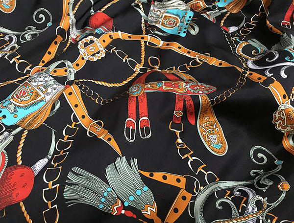 Multi Color Print on Black Background - Stretch Mulberry Silk Satin -113 cm Wide.