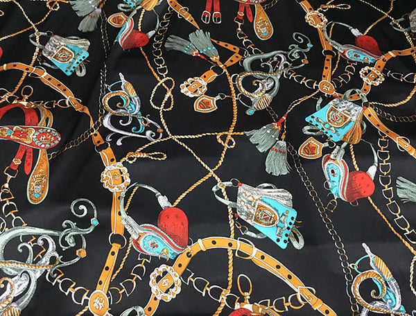 Multi Color Print on Black Background - Stretch Mulberry Silk Satin -113 cm Wide.