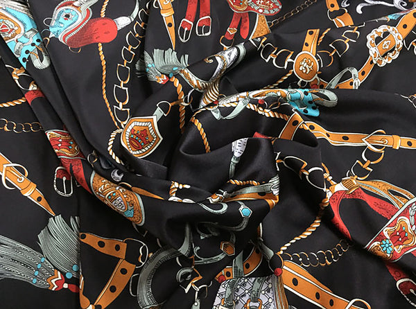 Multi Color Print on Black Background - Stretch Mulberry Silk Satin -113 cm Wide.