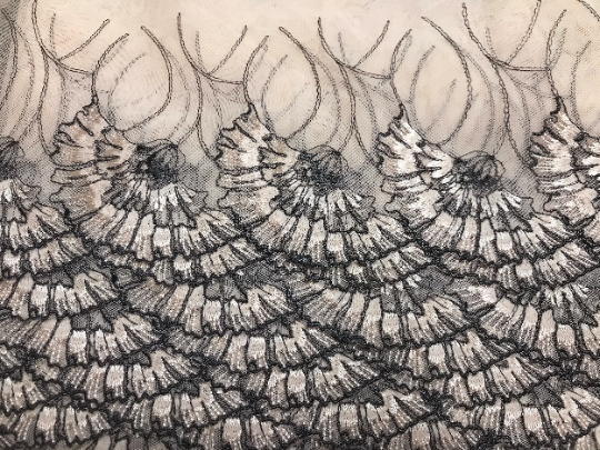 Grey/Blush Embroidery on Beige/Blush Soft Tulle  Embroidered Lace - 21 cm  Wide.