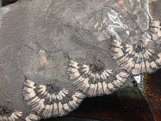 Grey/Blush Embroidery on Beige/Blush Soft Tulle  Embroidered Lace - 21 cm  Wide.