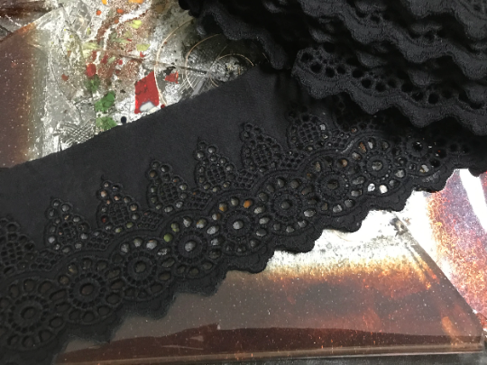 Black Embroidery on Black Background -  Broderie Anglaise Lace on  Swiss Cotton Voile. - 10 cm Wide.