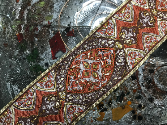 Clay/Beige on Brown Background - Embroidered Jacquard Ribbon - 2"  Wide.