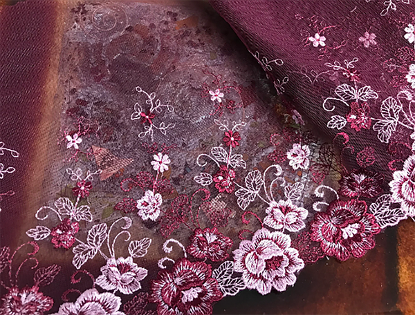 Shades of Pink on Wine  - Embroidered Soft Tulle Lace - 25 cm Wide, Imported