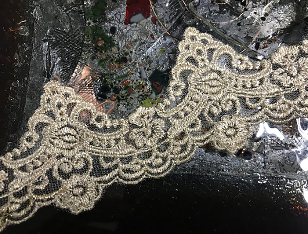 Scalloped on Both Sides - Beige and Gold Embroidery on Soft Tulle - Italian Lace - 6.5 cm Wide.