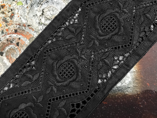 Black Floral Broderie Anglaise Insert on Swiss Black Voile - 11.5 cm Wide.