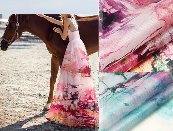 Multi Color Aqua Print on Off White - French textured  Silk Organza Eugene - 100%  Mulberry Silk - 16 MM - 138 cm Wide.