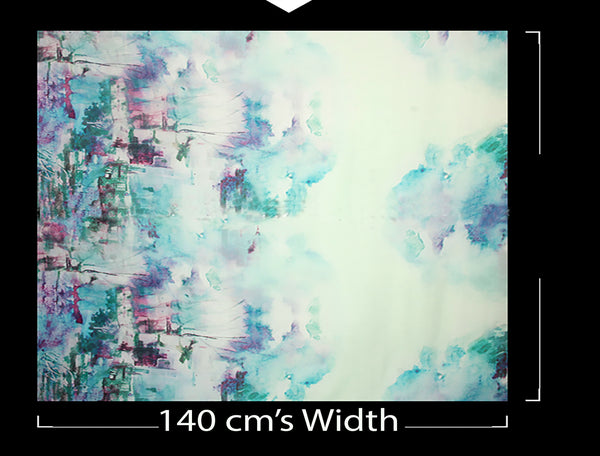 Multi Color Aqua Print on Off White - French textured  Silk Organza Eugene - 100%  Mulberry Silk - 16 MM - 138 cm Wide.