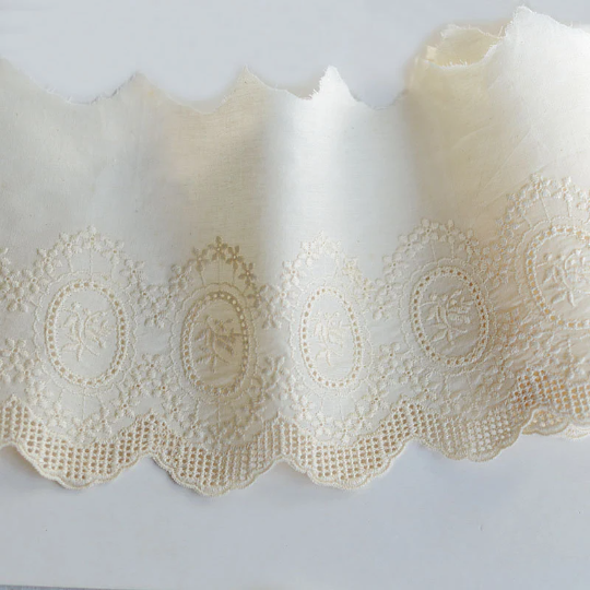 Beige Broderie Anglaise  on Swiss Cotton Voile - 15 cm Wide, Imported